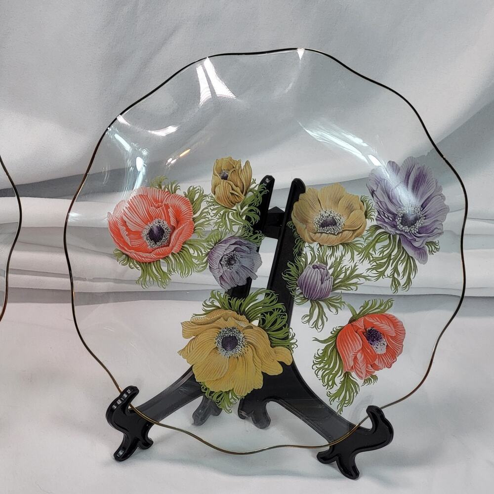 Chance Glass Anemone Floral 8" Luncheon Plates Set of 4 Scallop Edge Gold Rim - Picture 10 of 16